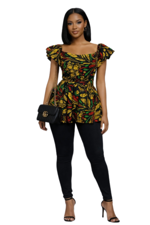 Ruffle Shoulder Belted Pattern Blouse